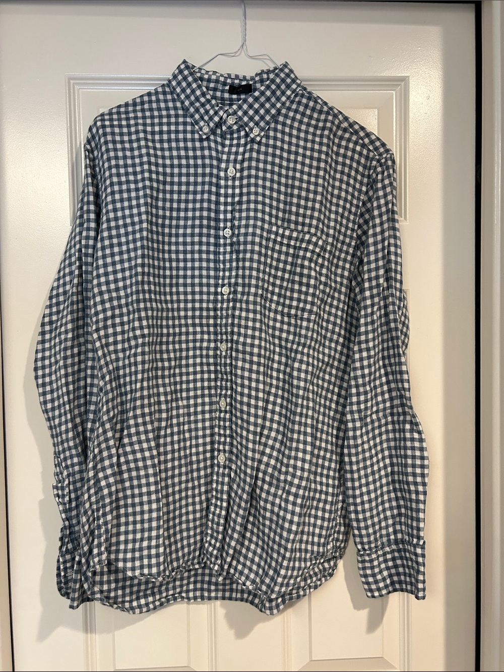J. Crew Men's Blue and White Gingham Linen Button-Down Shirt